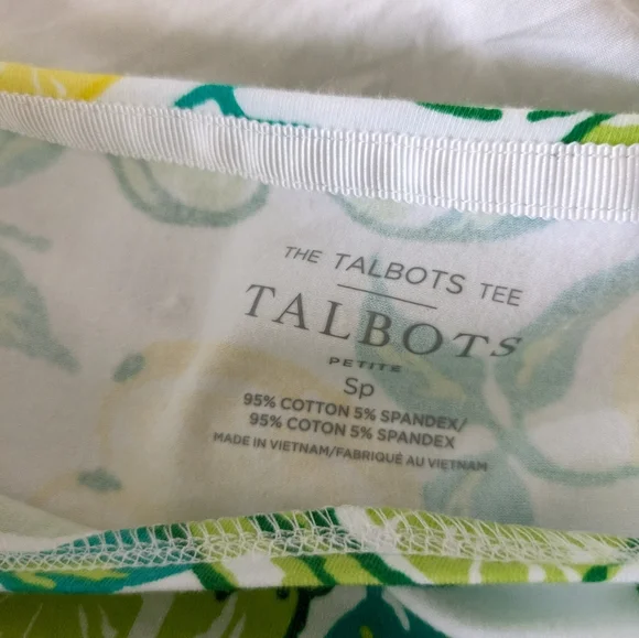 Talbots Lemon Lime Print Cotton Blend 3/4 Sleeve Boat Neck Top Size PS‎ Summer - Picture 2 of 6